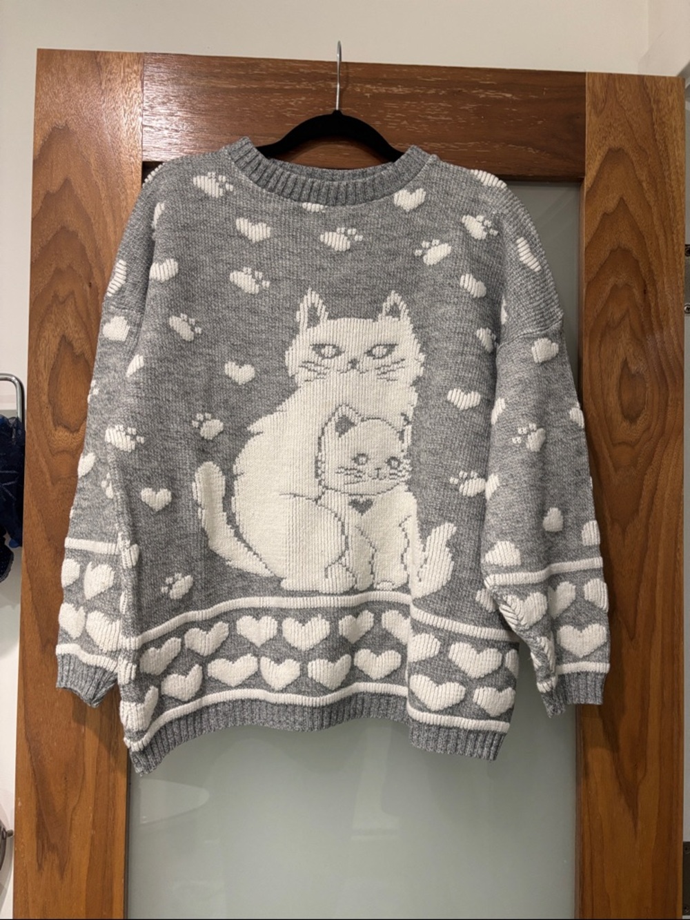 Vintage Gray & White Cat Heart Crewneck Sweater